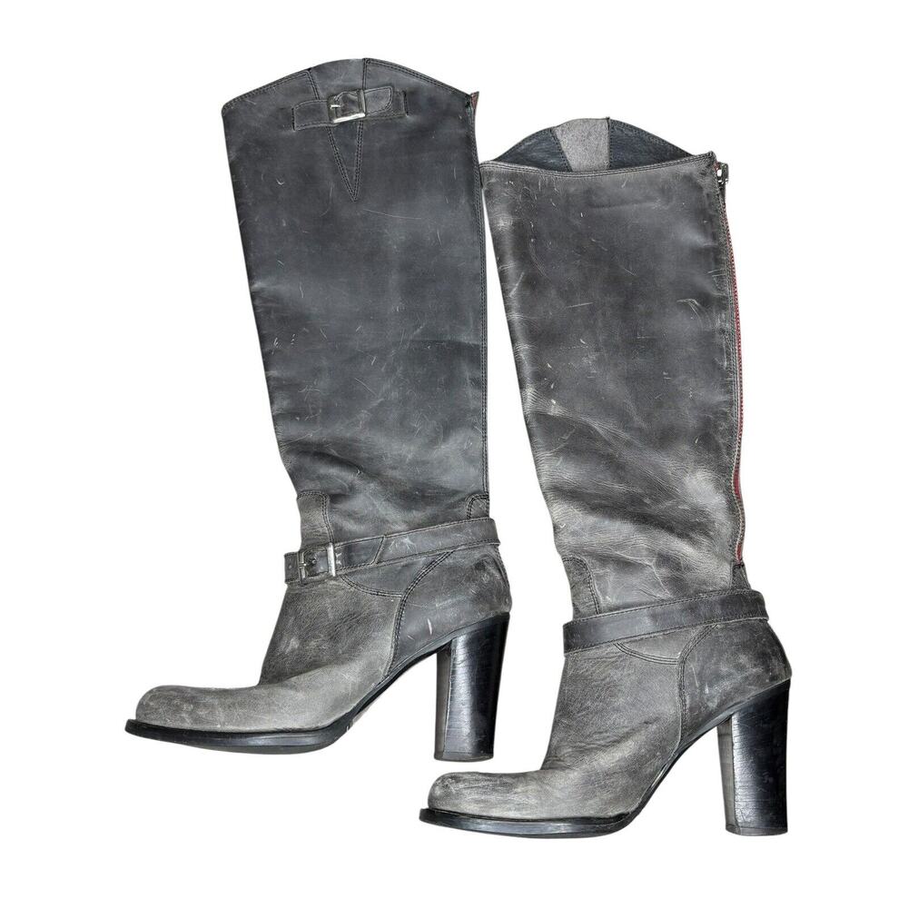 Charles David Boots Block Heel Leather Distressed Steampunk Italy Black Sz 6.5